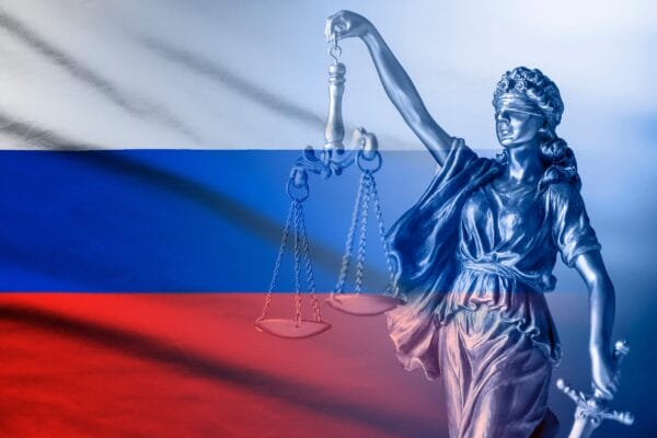 Russia flag and justice figurine